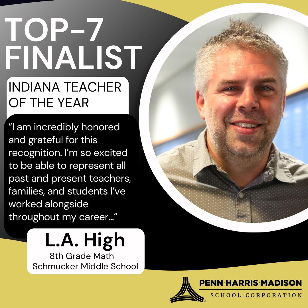 Congratulations to P-H-M's Secondary Teacher of the Year L.A. High for being named a Top-7 finalist in the Indiana Teacher of the Year Program! Mr. High teaches 8th grade Math at Schmucker Middle School, congratulations! #PHMExcellence
https://phmexcellence.com/LAHigh