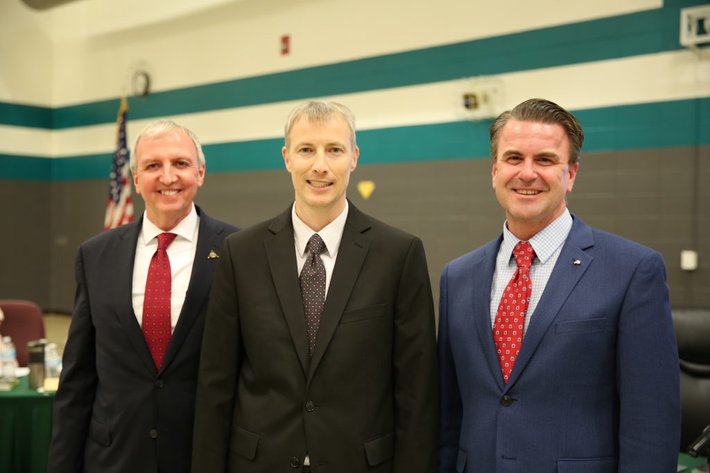 Supt. Dr. Jerry Thacker, Mr. Gary Gardner, & Board Pres. Chris Riley (May 20, 2019)