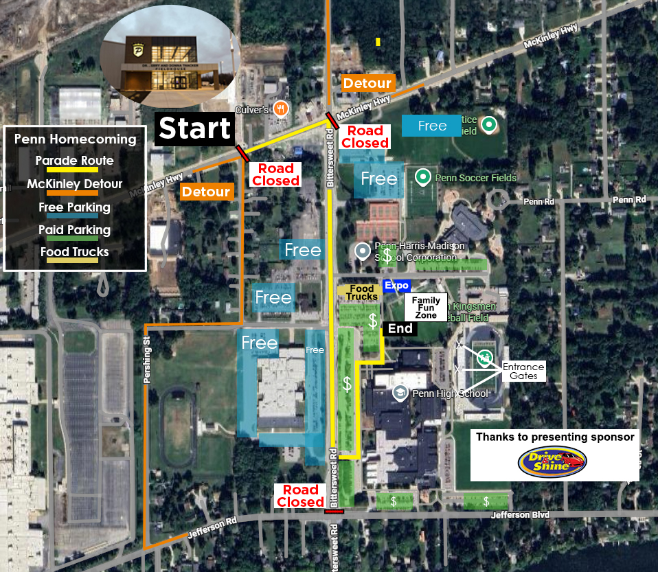An aerial map of a neighborhood with various annotations, including a start point, road closures, and nearby businesses.